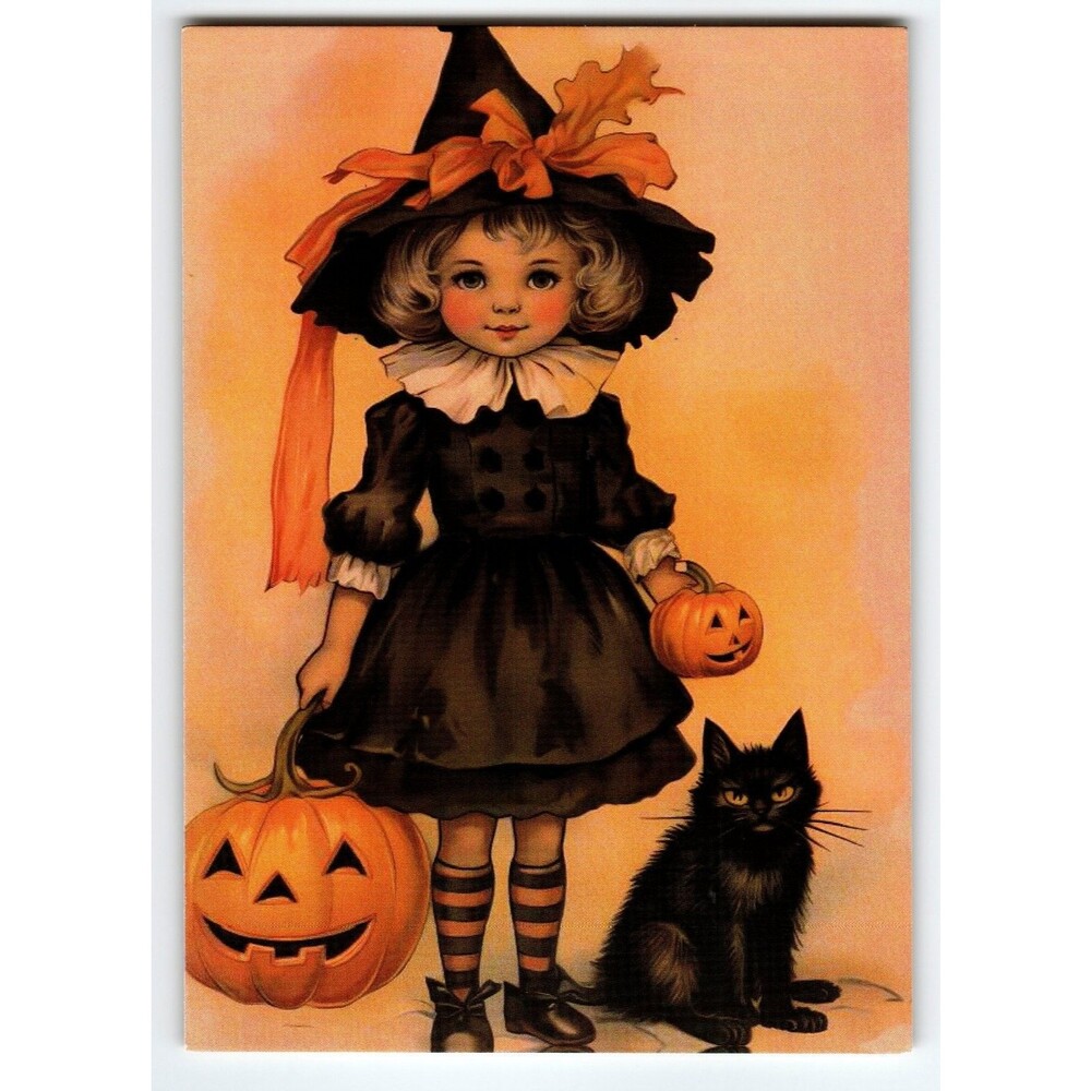 Vintage Halloween Witch Girl with Jack-o'-Lantern & Black Cat Postcard